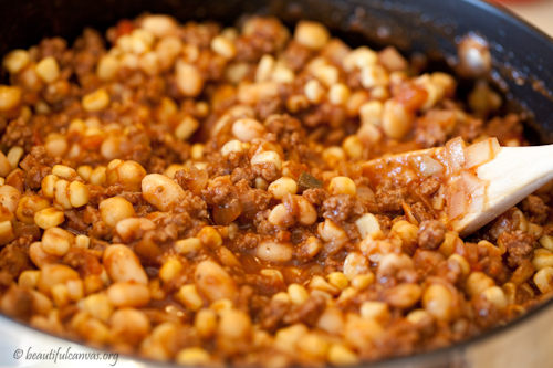 Hamburger plus beans and corn
